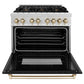 ZLINE Autograph Edition 36 in. 4.6 cu. ft. Legacy Dual Fuel Range with 6 Burner Gas Cooktop and Electric Convection Oven in Satin Stainless Steel with Black Matte Door and Polished Gold Accents (RASZ-BLM-36-G) front, oven open.