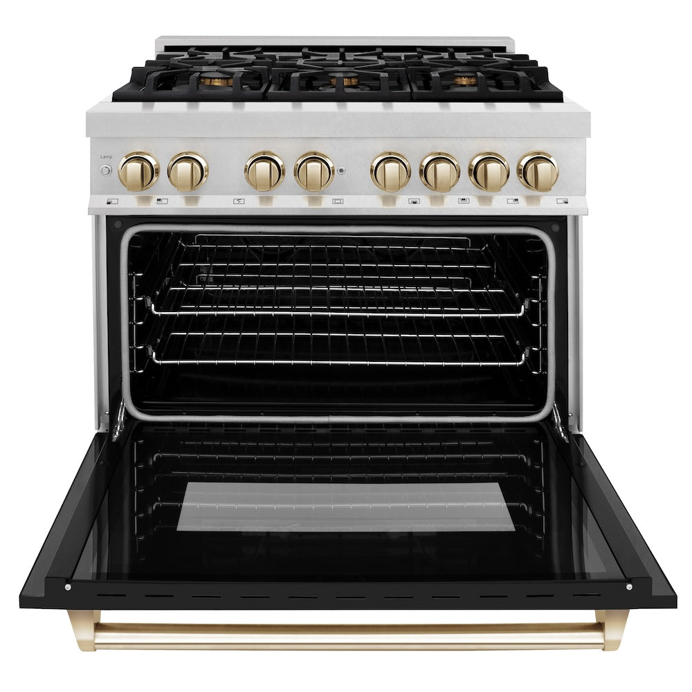 ZLINE Autograph Edition 36 in. 4.6 cu. ft. Legacy Dual Fuel Range with 6 Burner Gas Cooktop and Electric Convection Oven in Satin Stainless Steel with Black Matte Door and Polished Gold Accents (RASZ-BLM-36-G) front, oven open.