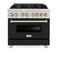 ZLINE Autograph Edition 36 in. 4.6 cu. ft. Legacy Dual Fuel Range with 6 Burner Gas Cooktop and Electric Convection Oven in Satin Stainless Steel with Black Matte Door and Polished Gold Accents (RASZ-BLM-36-G) front.