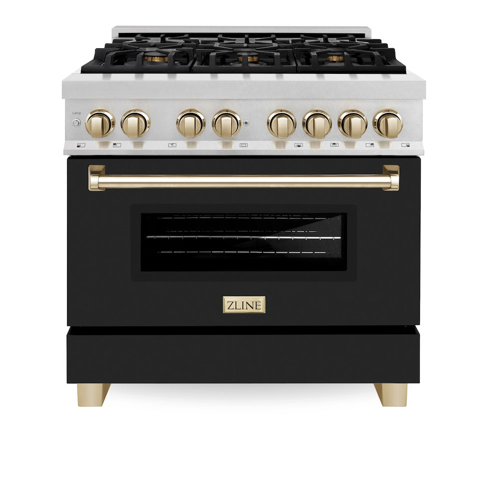 ZLINE Autograph Edition 36 in. 4.6 cu. ft. Legacy Dual Fuel Range with 6 Burner Gas Cooktop and Electric Convection Oven in Satin Stainless Steel with Black Matte Door and Polished Gold Accents (RASZ-BLM-36-G) front.