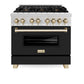 ZLINE Autograph Edition 36 in. 4.6 cu. ft. Legacy Dual Fuel Range with 6 Burner Gas Cooktop and Electric Convection Oven in Satin Stainless Steel with Black Matte Door and Polished Gold Accents, Open Box-Good Condition