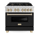 ZLINE Autograph Edition 36 in. 4.6 cu. ft. Legacy Dual Fuel Range with 6 Burner Gas Cooktop and Electric Convection Oven in Satin Stainless Steel with Black Matte Door and Polished Gold Accents, Open Box-Great Condition