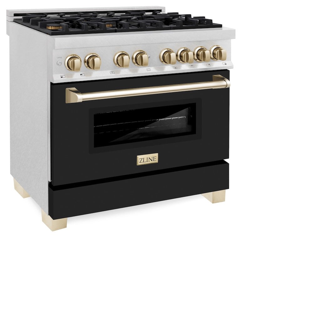 ZLINE Autograph Edition 36 in. 4.6 cu. ft. Legacy Dual Fuel Range with 6 Burner Gas Cooktop and Electric Convection Oven in Satin Stainless Steel with Black Matte Door and Polished Gold Accents, Open Box-Good Condition