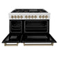 ZLINE Autograph Edition 48 in. 6.0 cu. ft. Legacy Dual Fuel Range with 7 Burner Gas Cooktop and 2 Electric Ovens in Satin Stainless Steel with Black Matte Doors and Champagne Bronze Accents (RASZ-BLM-48-CB) front, oven open.