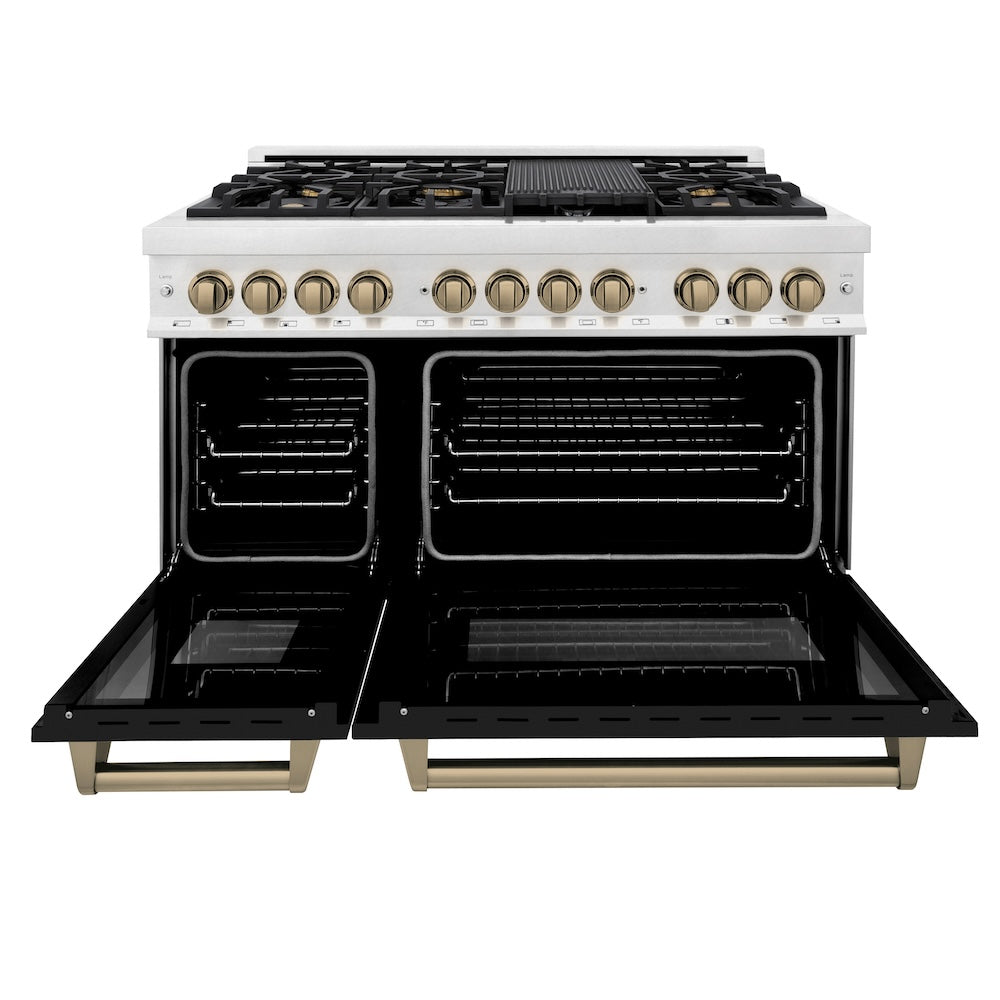 ZLINE Autograph Edition 48 in. 6.0 cu. ft. Legacy Dual Fuel Range with 7 Burner Gas Cooktop and 2 Electric Ovens in Satin Stainless Steel with Black Matte Doors and Champagne Bronze Accents (RASZ-BLM-48-CB) front, oven open.