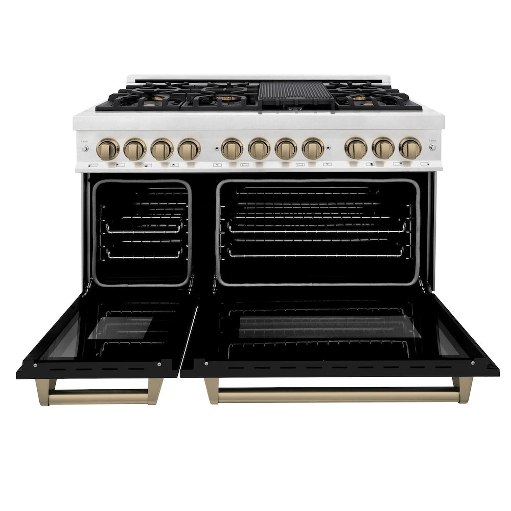 ZLINE Autograph Edition 48 in. 6.0 cu. ft. Legacy Dual Fuel Range with 7 Burner Gas Cooktop and 2 Electric Ovens in Satin Stainless Steel with Black Matte Doors and Champagne Bronze Accents, Open Box-Good Condition