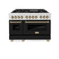 ZLINE Autograph Edition 48 in. 6.0 cu. ft. Legacy Dual Fuel Range with 7 Burner Gas Cooktop and 2 Electric Ovens in Satin Stainless Steel with Black Matte Doors and Champagne Bronze Accents (RASZ-BLM-48-CB) front.