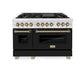 ZLINE Autograph Edition 48 in. 6.0 cu. ft. Legacy Dual Fuel Range with 7 Burner Gas Cooktop and 2 Electric Ovens in Satin Stainless Steel with Black Matte Doors and Champagne Bronze Accents, Open Box-Great Condition