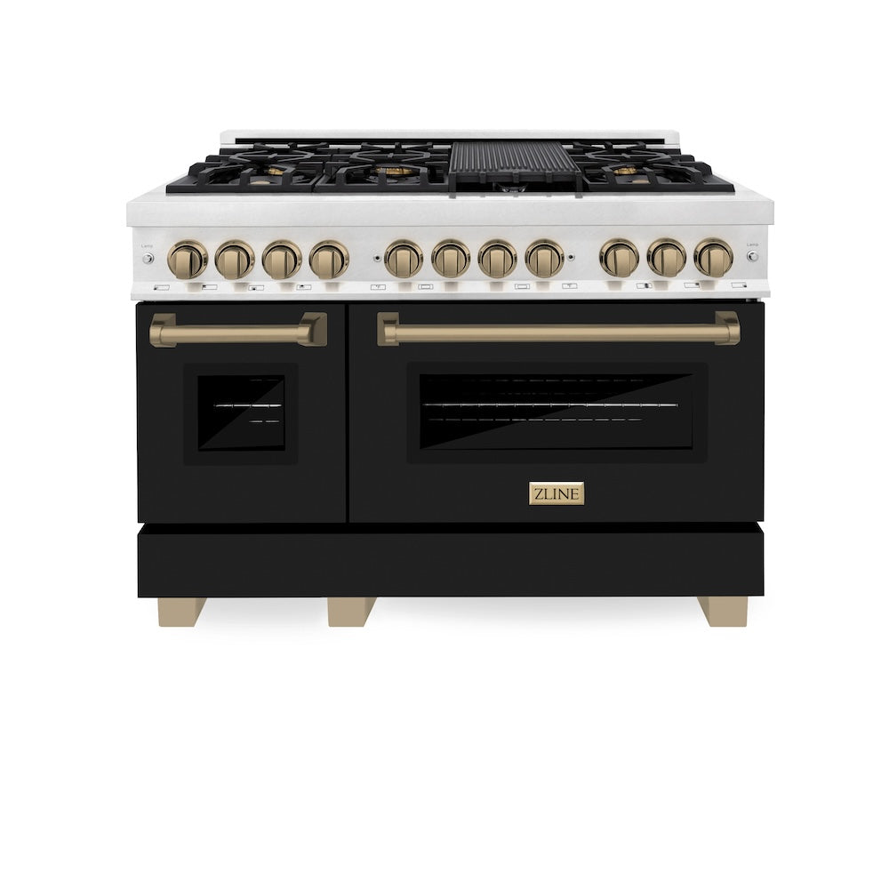 ZLINE Autograph Edition 48 in. 6.0 cu. ft. Legacy Dual Fuel Range with 7 Burner Gas Cooktop and 2 Electric Ovens in Satin Stainless Steel with Black Matte Doors and Champagne Bronze Accents, Open Box-Good Condition