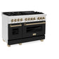 ZLINE Autograph Edition 48 in. 6.0 cu. ft. Legacy Dual Fuel Range with 7 Burner Gas Cooktop and 2 Electric Ovens in Satin Stainless Steel with Black Matte Doors and Champagne Bronze Accents (RASZ-BLM-48-CB) main image.