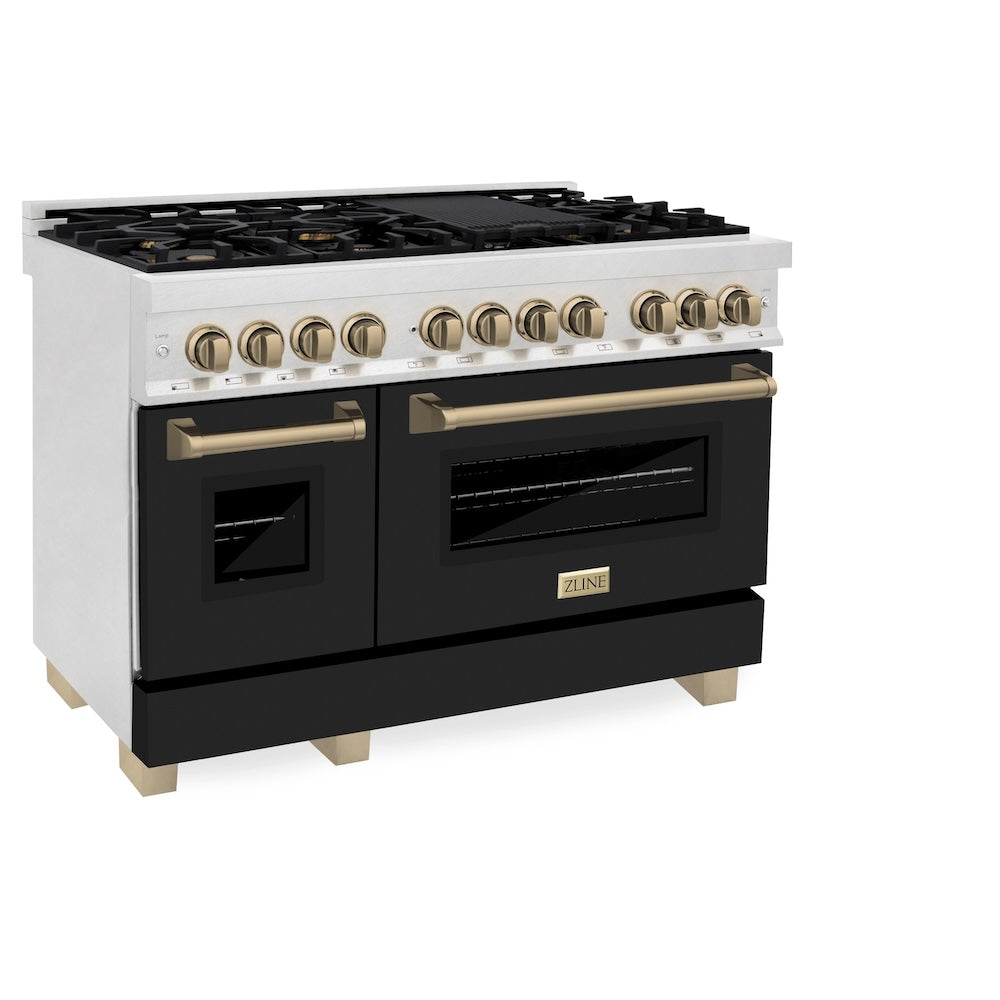ZLINE Autograph Edition 48 in. 6.0 cu. ft. Legacy Dual Fuel Range with 7 Burner Gas Cooktop and 2 Electric Ovens in Satin Stainless Steel with Black Matte Doors and Champagne Bronze Accents (RASZ-BLM-48-CB) main image.