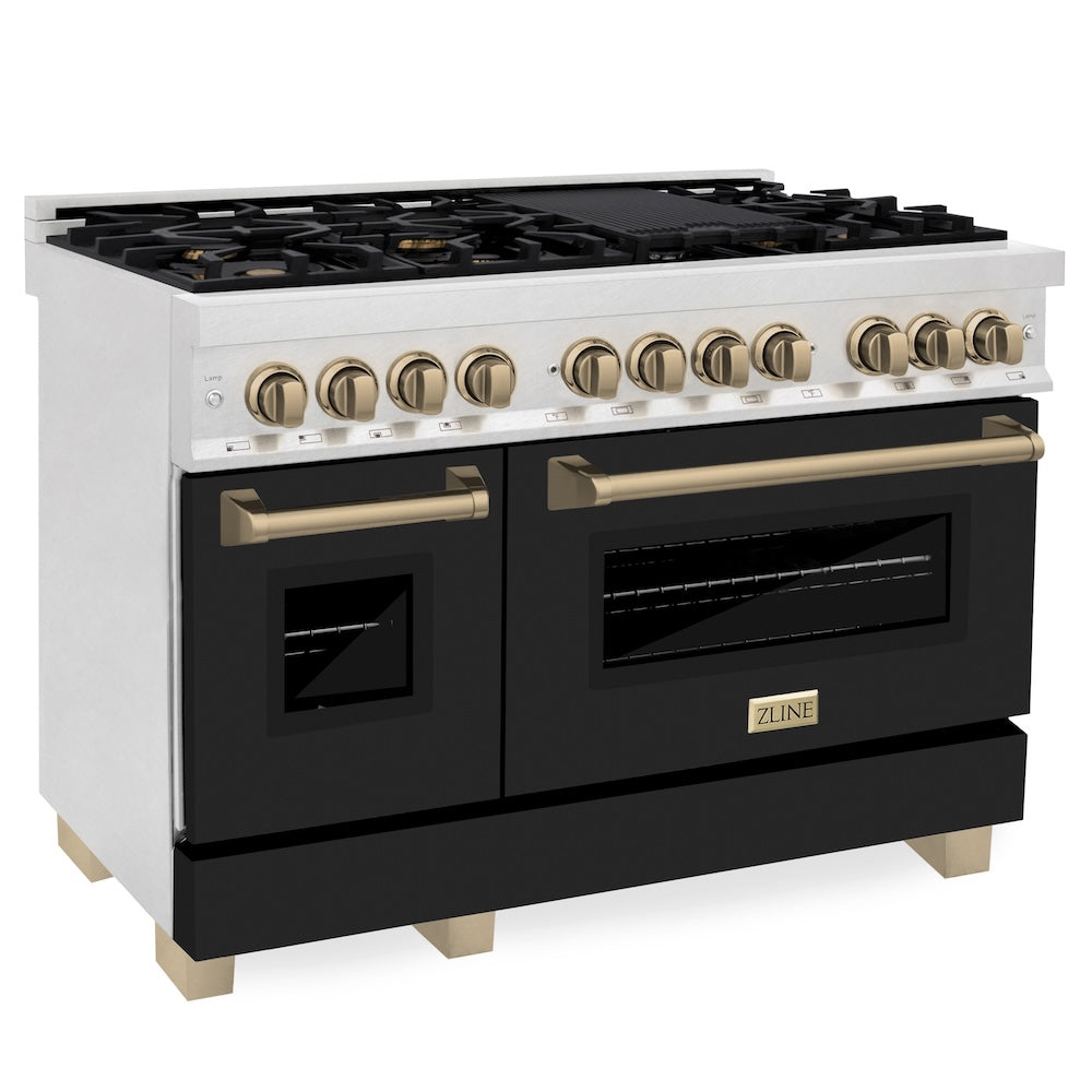 ZLINE Autograph Edition 48 in. 6.0 cu. ft. Legacy Dual Fuel Range with 7 Burner Gas Cooktop and 2 Electric Ovens in Satin Stainless Steel with Black Matte Doors and Champagne Bronze Accents, Open Box-Good Condition