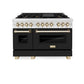 ZLINE Autograph Edition 48 in. 6.0 cu. ft. Legacy Dual Fuel Range with 7 Burner Gas Cooktop and 2 Electric Ovens in Satin Stainless Steel with Black Matte Doors and Polished Gold Accents (RASZ-BLM-48-G) front.