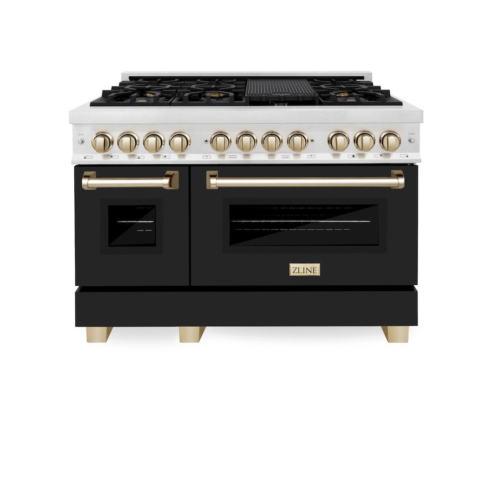 ZLINE Autograph Edition 48 in. 6.0 cu. ft. Legacy Dual Fuel Range with 7 Burner Gas Cooktop and 2 Electric Ovens in Satin Stainless Steel with Black Matte Doors and Polished Gold Accents (RASZ-BLM-48-G) front.