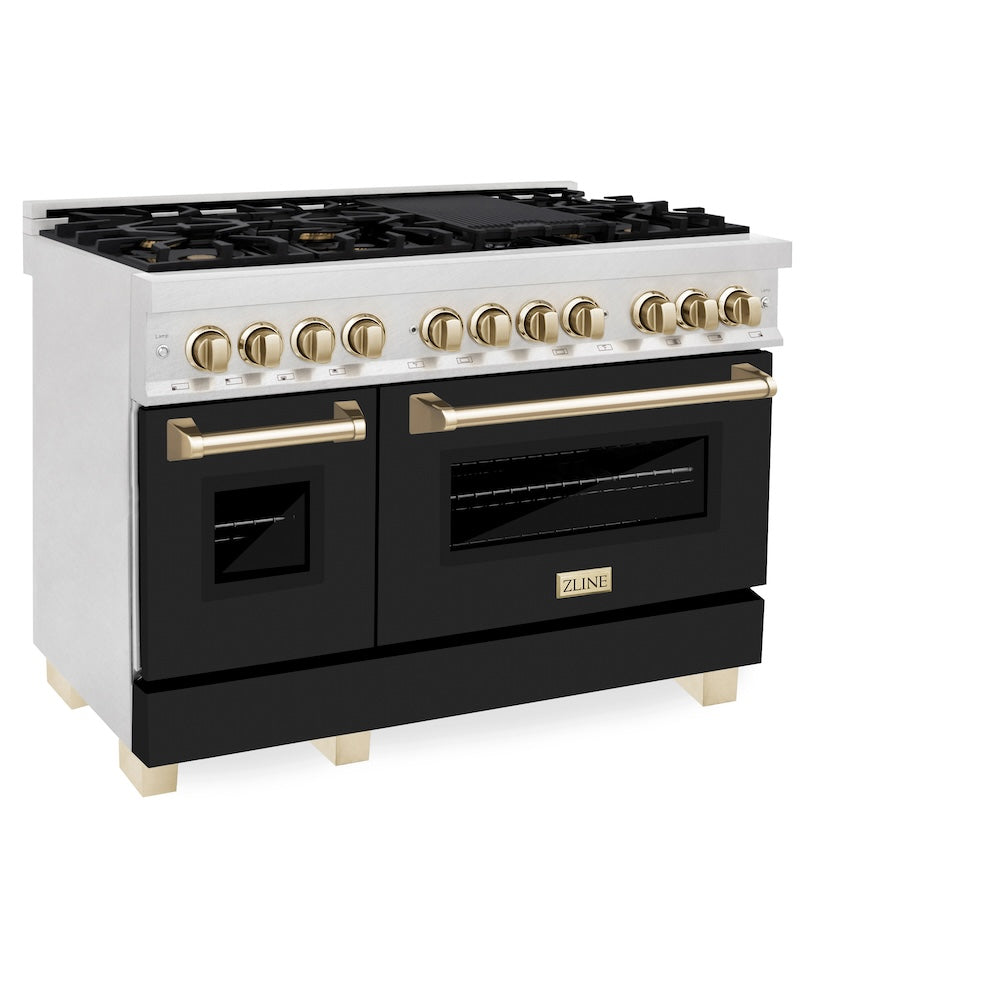 ZLINE Autograph Edition 48 in. 6.0 cu. ft. Legacy Dual Fuel Range with 7 Burner Gas Cooktop and 2 Electric Ovens in Satin Stainless Steel with Black Matte Doors and Polished Gold Accents (RASZ-BLM-48-G) side.