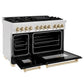 ZLINE Autograph Edition 48 in. 6.0 cu. ft. Legacy Dual Fuel Range with 7 Burner Gas Cooktop and 2 Electric Ovens in Satin Stainless Steel with Black Matte Doors and Polished Gold Accents (RASZ-BLM-48-G) side, oven open.