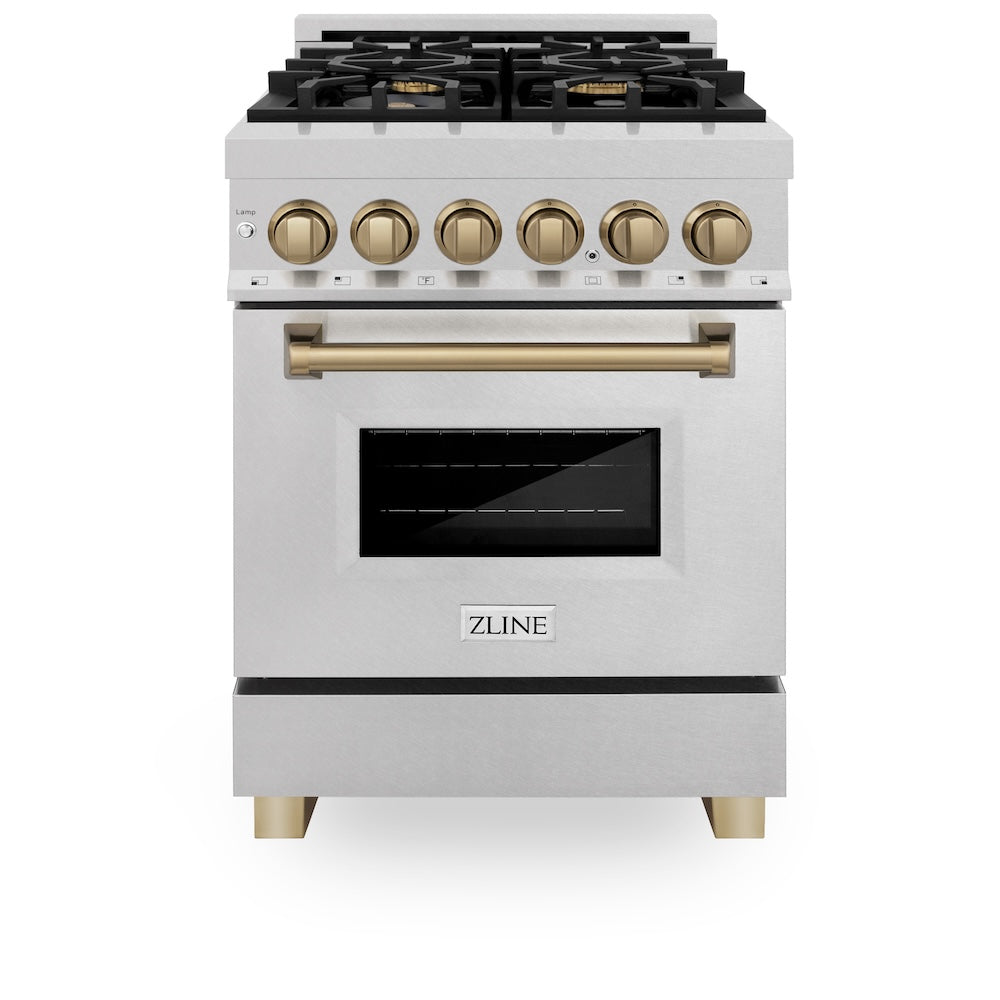 ZLINE Autograph Edition 24 in. 2.8 cu. ft. Legacy Dual Fuel Range with 4 Burner Gas Cooktop and Electric Convection Oven in Satin Stainless Steel and Champagne Bronze Accents, Open Box-Good Condition