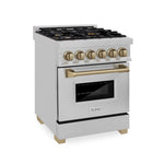 ZLINE Autograph Edition 24 in. 2.8 cu. ft. Legacy Dual Fuel Range with 4 Burner Gas Cooktop and Electric Convection Oven in Satin Stainless Steel and Champagne Bronze Accents, Open Box-Good Condition