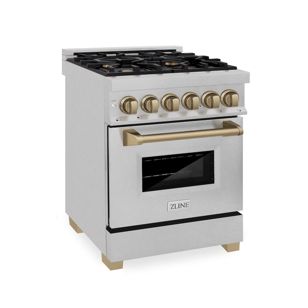 ZLINE Autograph Edition 24 in. 2.8 cu. ft. Legacy Dual Fuel Range with 4 Burner Gas Cooktop and Electric Convection Oven in Satin Stainless Steel and Champagne Bronze Accents, Open Box-Good Condition