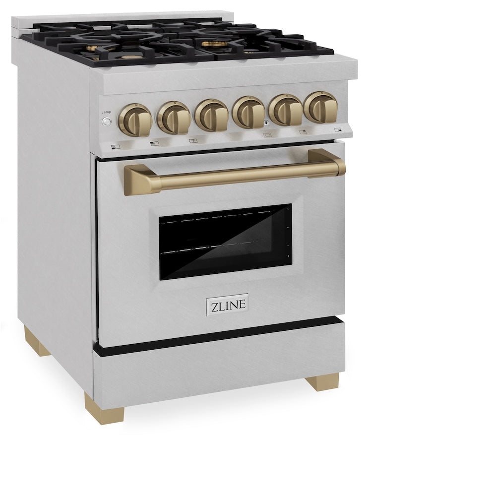 ZLINE Autograph Edition 24 in. 2.8 cu. ft. Legacy Dual Fuel Range with 4 Burner Gas Cooktop and Electric Convection Oven in Satin Stainless Steel and Champagne Bronze Accents, Open Box-Good Condition