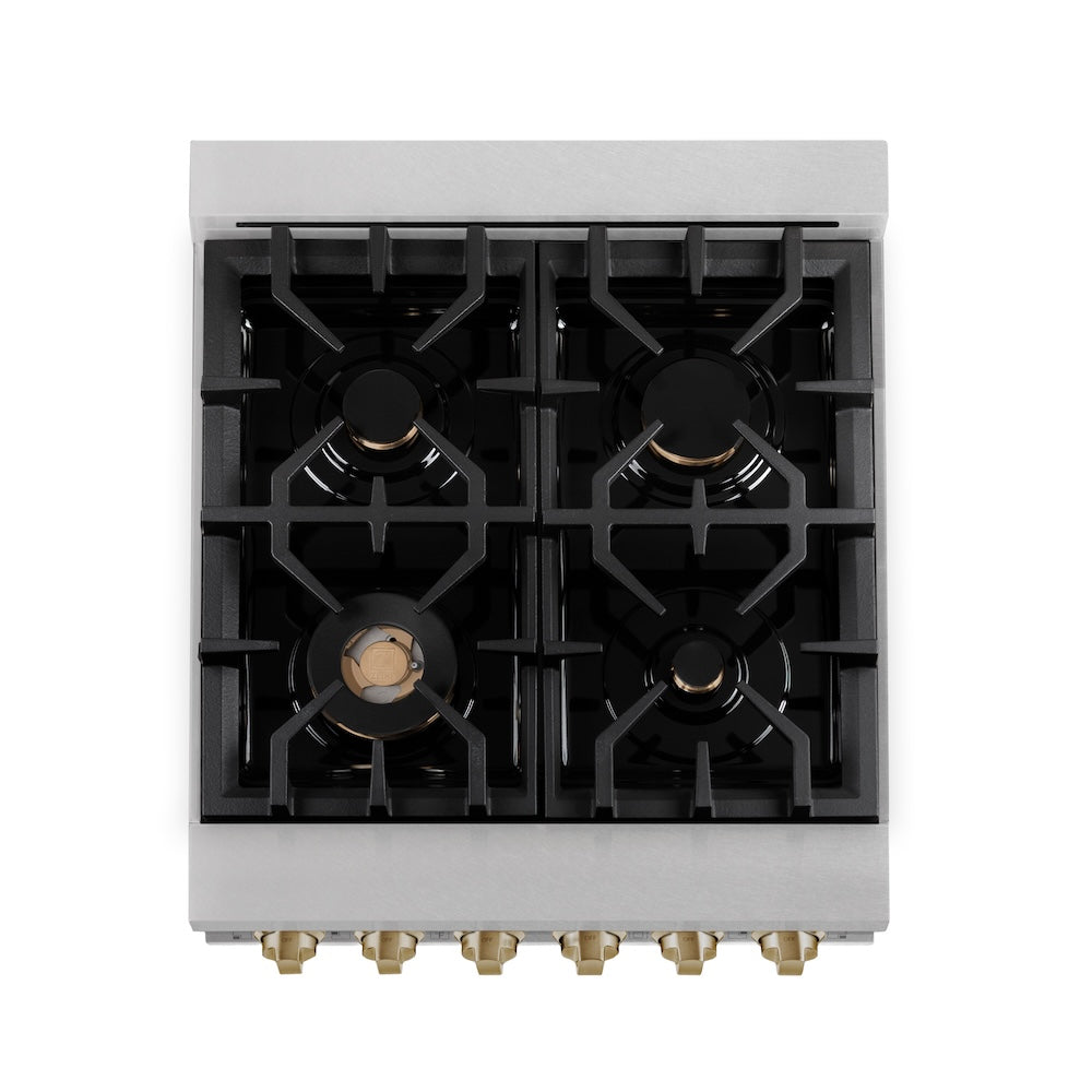 ZLINE Autograph Edition 24 in. 2.8 cu. ft. Legacy Dual Fuel Range with 4 Burner Gas Cooktop and Electric Convection Oven in Satin Stainless Steel and Champagne Bronze Accents, Open Box-Good Condition