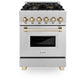 ZLINE Autograph Edition 24 in. 2.8 cu. ft. Legacy Dual Fuel Range with 4 Burner Gas Cooktop and Electric Convection Oven in Satin Stainless Steel and Polished Gold Accents, Open Box-Great Condition