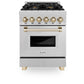 ZLINE Autograph Edition 24 in. 2.8 cu. ft. Legacy Dual Fuel Range with 4 Burner Gas Cooktop and Electric Convection Oven in Satin Stainless Steel and Polished Gold Accents, Open Box-Good Condition