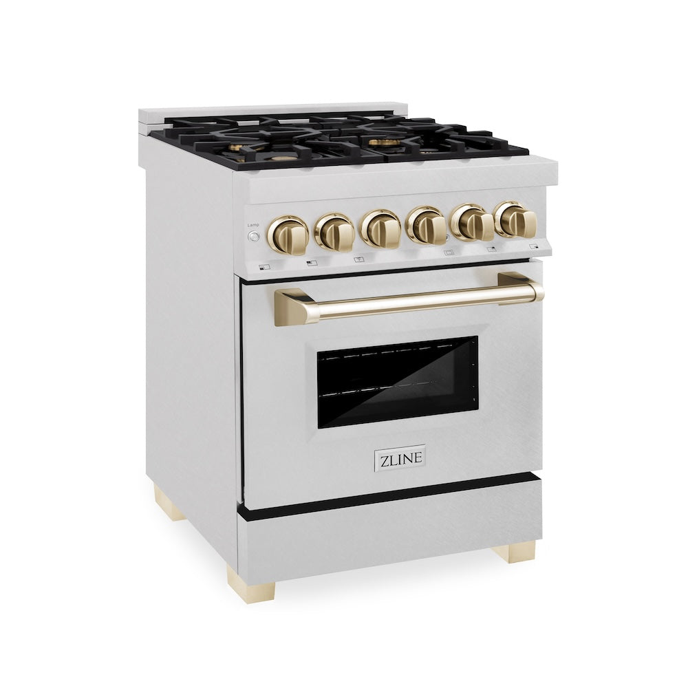 ZLINE Autograph Edition 24 in. 2.8 cu. ft. Legacy Dual Fuel Range with 4 Burner Gas Cooktop and Electric Convection Oven in Satin Stainless Steel and Polished Gold Accents, Open Box-Good Condition