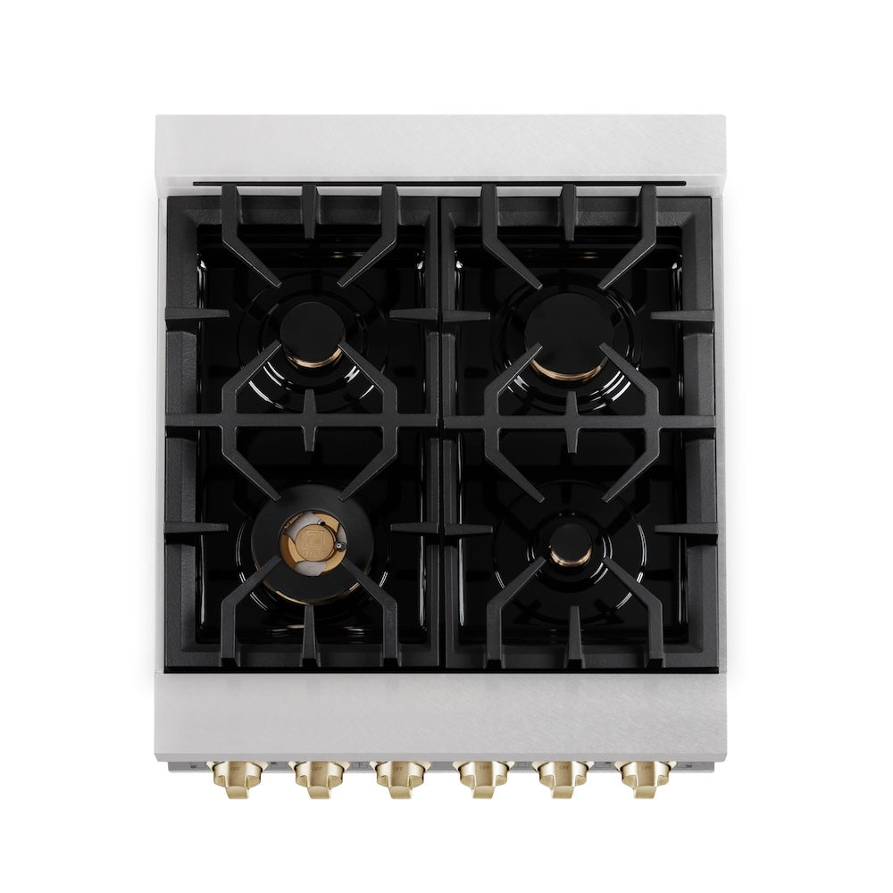 ZLINE Autograph Edition 24 in. 2.8 cu. ft. Legacy Dual Fuel Range with 4 Burner Gas Cooktop and Electric Convection Oven in Satin Stainless Steel and Polished Gold Accents, Open Box-Good Condition