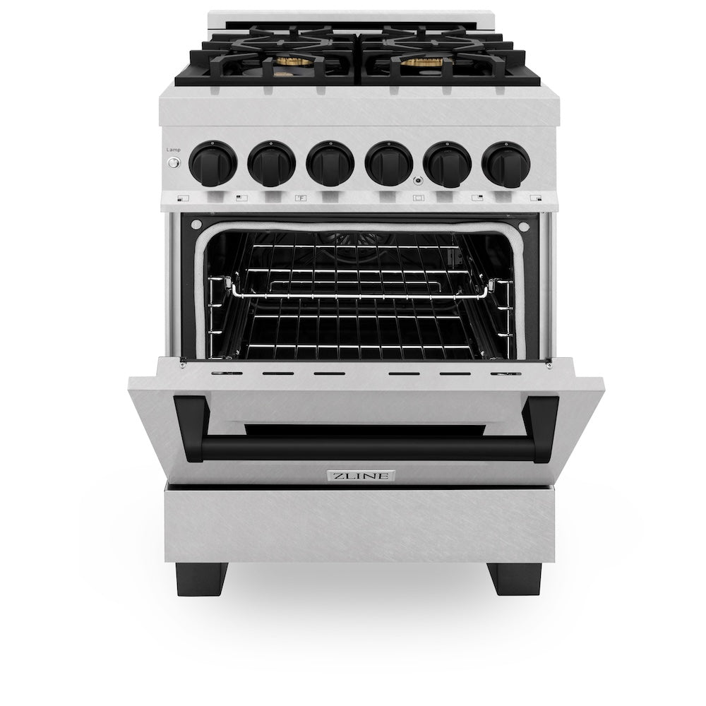 ZLINE Autograph Edition 24 in. 2.8 cu. ft. Legacy Dual Fuel Range with 4 Burner Gas Cooktop and Electric Convection Oven in Satin Stainless Steel and Matte Black Accents, Open Box-Good Condition