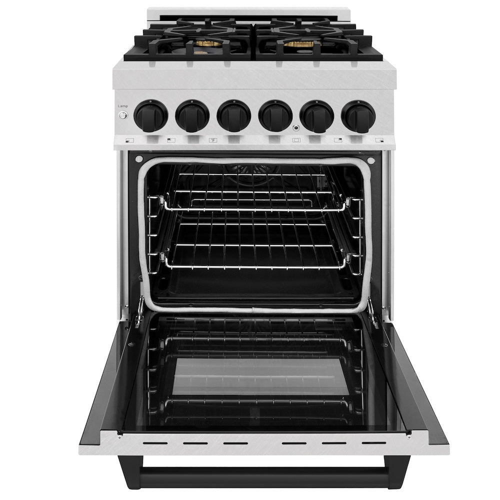 ZLINE Autograph Edition 24 in. 2.8 cu. ft. Legacy Dual Fuel Range with 4 Burner Gas Cooktop and Electric Convection Oven in Satin Stainless Steel and Matte Black Accents, Open Box-Good Condition