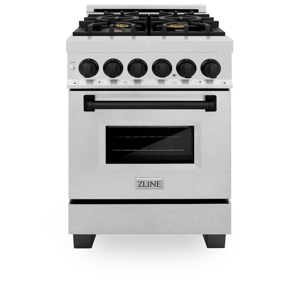 ZLINE Autograph Edition 24 in. 2.8 cu. ft. Legacy Dual Fuel Range with 4 Burner Gas Cooktop and Electric Convection Oven in Satin Stainless Steel and Matte Black Accents, Open Box-Good Condition