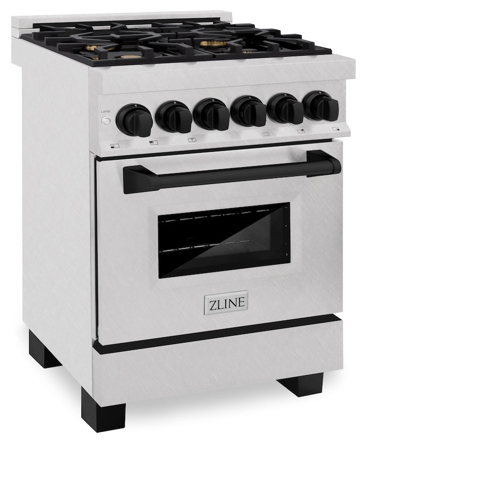 ZLINE Autograph Edition 24 in. 2.8 cu. ft. Legacy Dual Fuel Range with 4 Burner Gas Cooktop and Electric Convection Oven in Satin Stainless Steel and Matte Black Accents, Open Box-Good Condition
