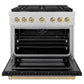 ZLINE Autograph Edition 36 in. 5.2 cu. ft. Paramount Dual Fuel Range with 6 Burner Gas Cooktop and Electric Convection Oven in Satin Stainless Steel with Black Matte Door and Champagne Bronze Accents (SDRSZ-BLM-36-CB) front, oven open.