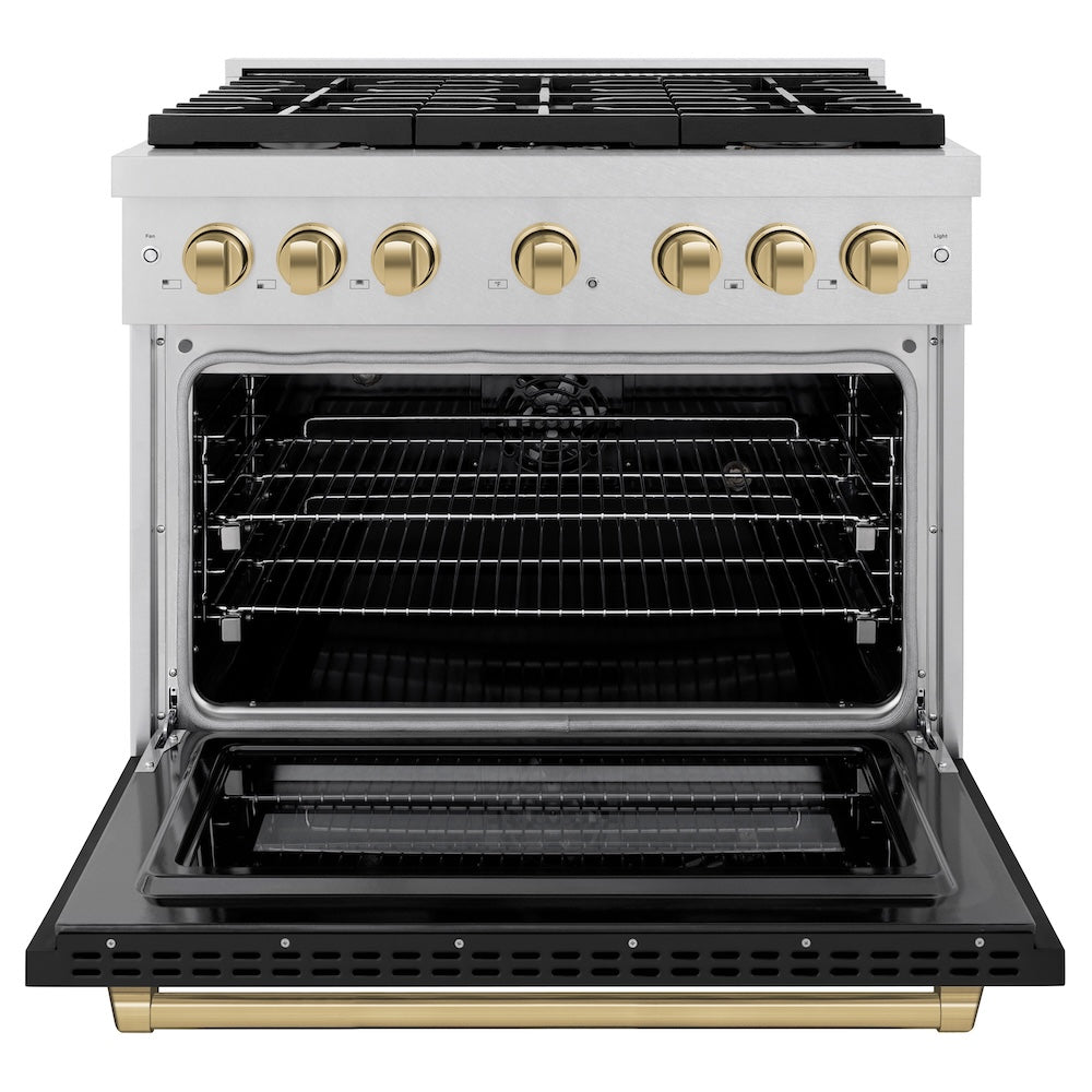 ZLINE Autograph Edition 36 in. 5.2 cu. ft. Paramount Dual Fuel Range with 6 Burner Gas Cooktop and Electric Convection Oven in Satin Stainless Steel with Black Matte Door and Champagne Bronze Accents (SDRSZ-BLM-36-CB) front, oven open.