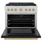ZLINE Autograph Edition 36 in. 5.2 cu. ft. Paramount Dual Fuel Range with 6 Burner Gas Cooktop and Electric Convection Oven in Satin Stainless Steel with Black Matte Door and Champagne Bronze Accents, Open Box-Great Condition