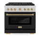 ZLINE Autograph Edition 36 in. 5.2 cu. ft. Paramount Dual Fuel Range with 6 Burner Gas Cooktop and Electric Convection Oven in Satin Stainless Steel with Black Matte Door and Champagne Bronze Accents (SDRSZ-BLM-36-CB) front.