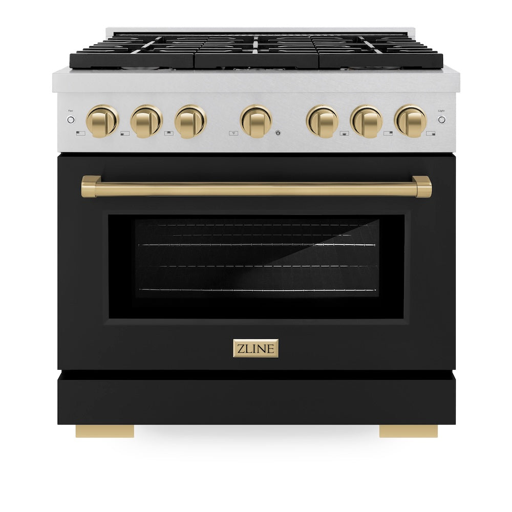 ZLINE Autograph Edition 36 in. 5.2 cu. ft. Paramount Dual Fuel Range with 6 Burner Gas Cooktop and Electric Convection Oven in Satin Stainless Steel with Black Matte Door and Champagne Bronze Accents (SDRSZ-BLM-36-CB) front.
