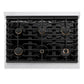 ZLINE Autograph Edition 36 in. 5.2 cu. ft. Paramount Dual Fuel Range with 6 Burner Gas Cooktop and Electric Convection Oven in Satin Stainless Steel with Black Matte Door and Champagne Bronze Accents (SDRSZ-BLM-36-CB) top-down, above cooktop.