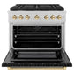 ZLINE Autograph Edition 36 in. 5.2 cu. ft. Paramount Dual Fuel Range with 6 Burner Gas Cooktop and Electric Convection Oven in Satin Stainless Steel with Black Matte Door and Polished Gold Accents (SDRSZ-BLM-36-G) front, oven open.