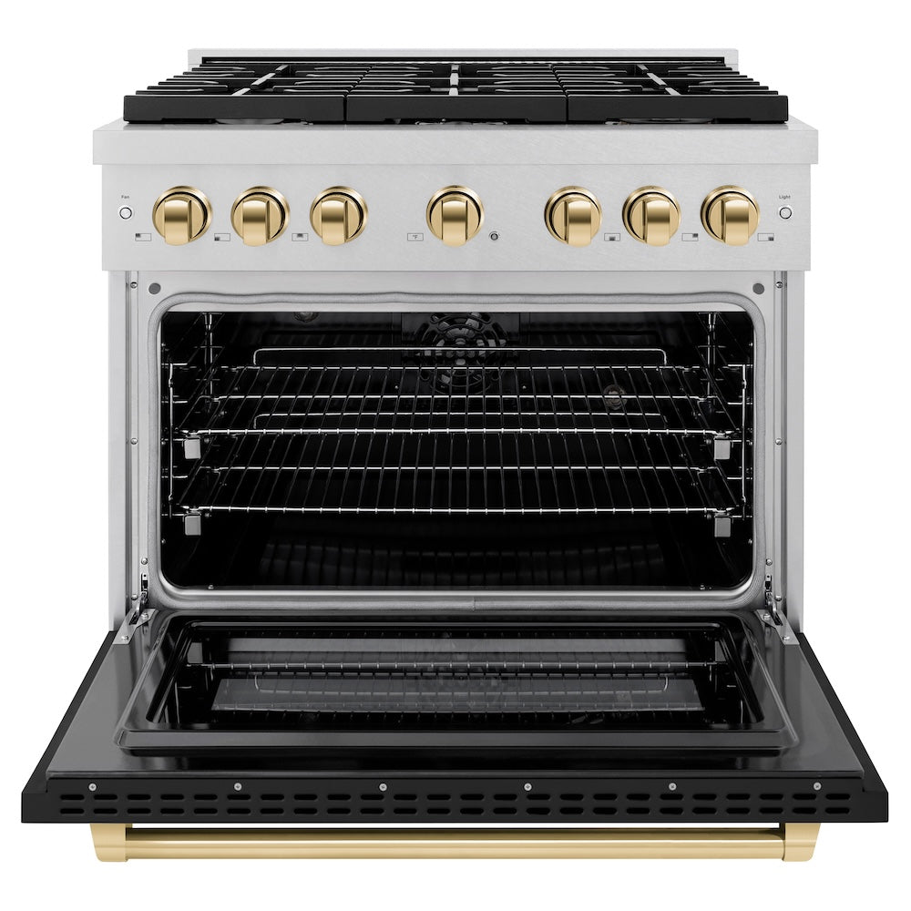 ZLINE Autograph Edition 36 in. 5.2 cu. ft. Paramount Dual Fuel Range with 6 Burner Gas Cooktop and Electric Convection Oven in Satin Stainless Steel with Black Matte Door and Polished Gold Accents (SDRSZ-BLM-36-G) front, oven open.