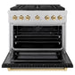 ZLINE Autograph Edition 36 in. 5.2 cu. ft. Paramount Dual Fuel Range with 6 Burner Gas Cooktop and Electric Convection Oven in Satin Stainless Steel with Black Matte Door and Polished Gold Accents, Open Box-Great Condition