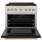 ZLINE Autograph Edition 36 in. 5.2 cu. ft. Paramount Dual Fuel Range with 6 Burner Gas Cooktop and Electric Convection Oven in Satin Stainless Steel with Black Matte Door and Polished Gold Accents, Open Box-Good Condition