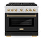 ZLINE Autograph Edition 36 in. 5.2 cu. ft. Paramount Dual Fuel Range with 6 Burner Gas Cooktop and Electric Convection Oven in Satin Stainless Steel with Black Matte Door and Polished Gold Accents (SDRSZ-BLM-36-G) front.