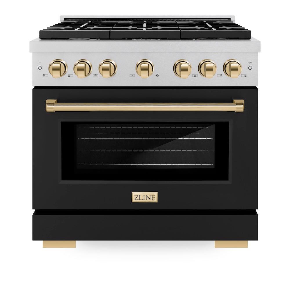ZLINE Autograph Edition 36 in. 5.2 cu. ft. Paramount Dual Fuel Range with 6 Burner Gas Cooktop and Electric Convection Oven in Satin Stainless Steel with Black Matte Door and Polished Gold Accents (SDRSZ-BLM-36-G) front.