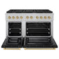 ZLINE Autograph Edition 48 in. 6.7 cu. ft. Paramount Double Oven Dual Fuel Range with 8 Burner Gas Cooktop in Satin Stainless Steel with Black Matte Doors and Champagne Bronze Accents (SDRSZ-BLM-48-CB) front, oven open.