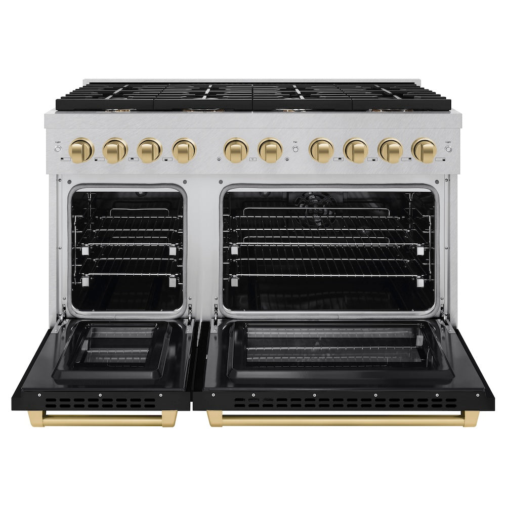 ZLINE Autograph Edition 48 in. 6.7 cu. ft. Paramount Double Oven Dual Fuel Range with 8 Burner Gas Cooktop in Satin Stainless Steel with Black Matte Doors and Champagne Bronze Accents (SDRSZ-BLM-48-CB) front, oven open.