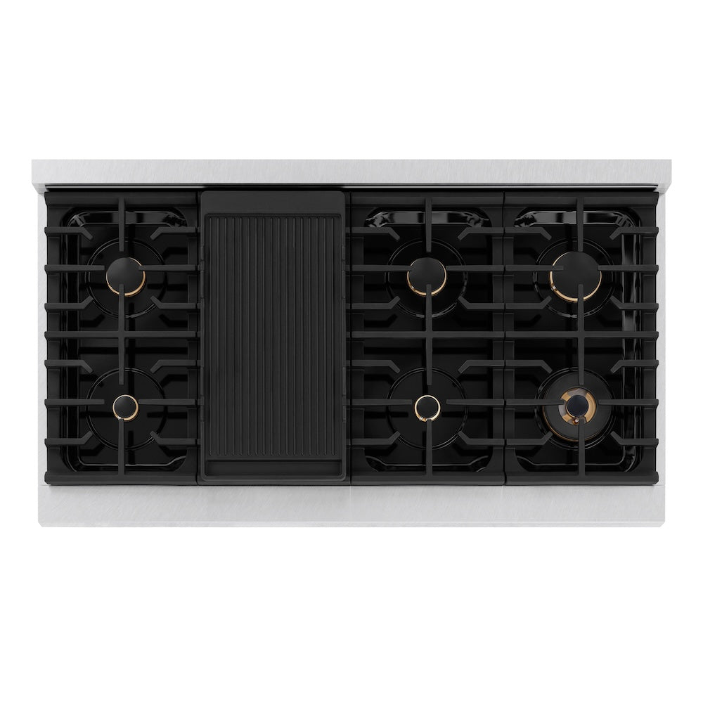 ZLINE Autograph Edition 48 in. 6.7 cu. ft. Paramount Double Oven Dual Fuel Range with 8 Burner Gas Cooktop in Satin Stainless Steel with Black Matte Doors and Champagne Bronze Accents (SDRSZ-BLM-48-CB) top-down, above cooktop.