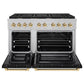 ZLINE Autograph Edition 48 in. 6.7 cu. ft. Paramount Double Oven Dual Fuel Range with 8 Burner Gas Cooktop in Satin Stainless Steel with Black Matte Doors and Polished Gold Accents (SDRSZ-BLM-48-G) front, oven open.