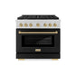 ZLINE Autograph Edition 36 in. 5.2 cu. ft. Paramount Gas Range with 6 Burner Cooktop and Convection Gas Oven in Satin Stainless Steel with Black Matte Door and Champagne Bronze Accents, Open Box-Great Condition